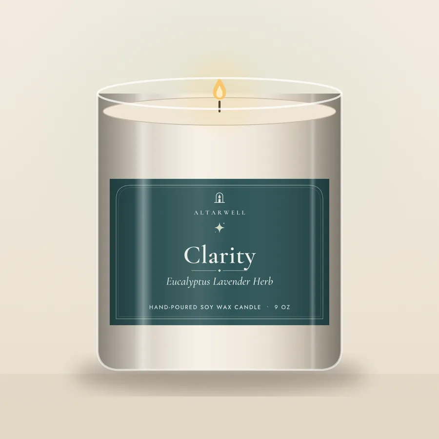 Clarity candle, Eucalyptus Lavender Herb, in a 9 oz glass jar with the AltarWell label