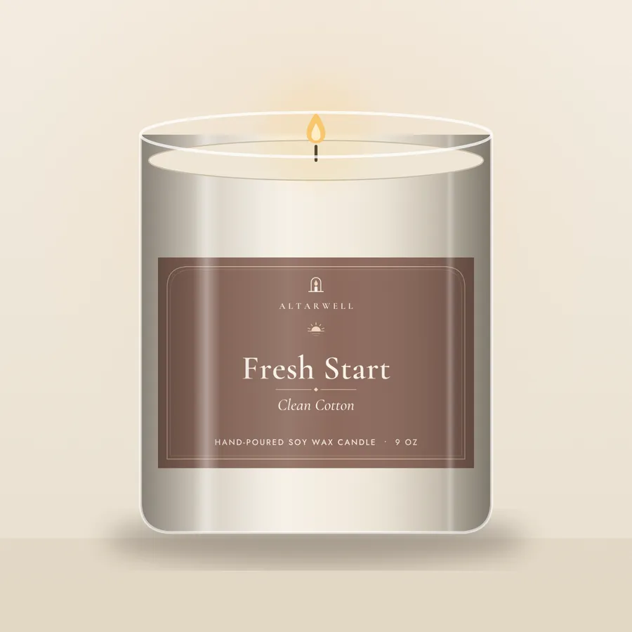 Fresh Start candle, Clean Cotton, in a 9 oz glass jar with the AltarWell label