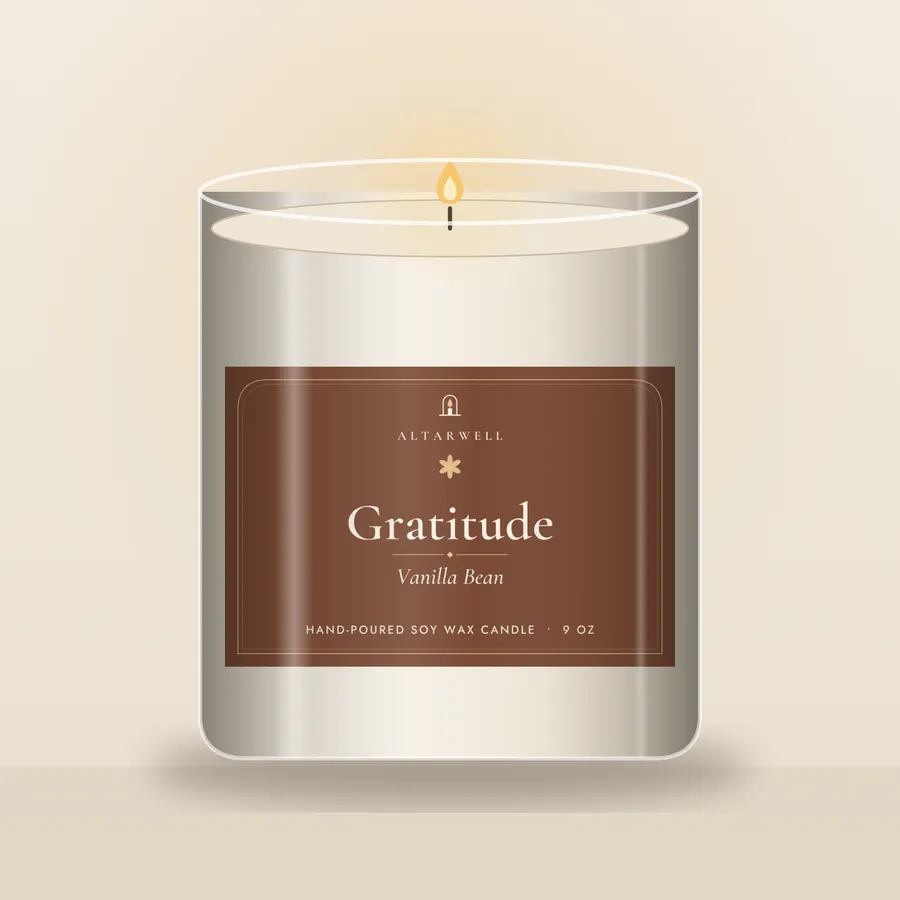Gratitude candle, Vanilla Bean, in a 9 oz glass jar with the AltarWell label