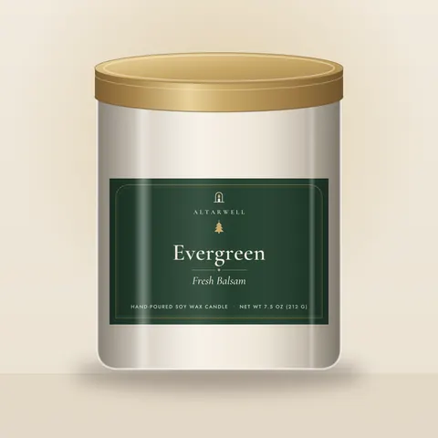 AltarWell Evergreen Solstice candle, Fresh Balsam, in a 9 oz clear glass jar with a evergreen and gold AltarWell label