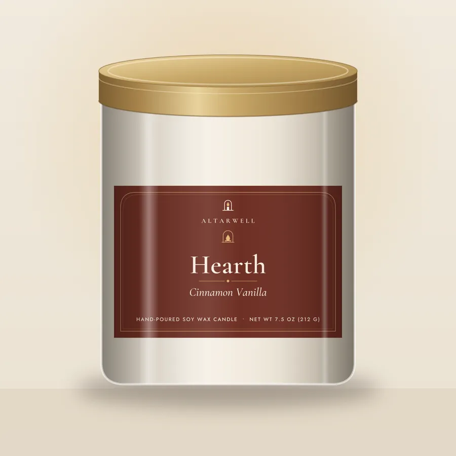 AltarWell Hearth candle, Cinnamon Vanilla, in a 9 oz clear glass jar with a cinnamon red and gold AltarWell label