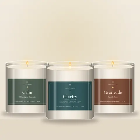 AltarWell Intention Trio gift set: Calm, Clarity and Gratitude candles in 9 oz glass jars