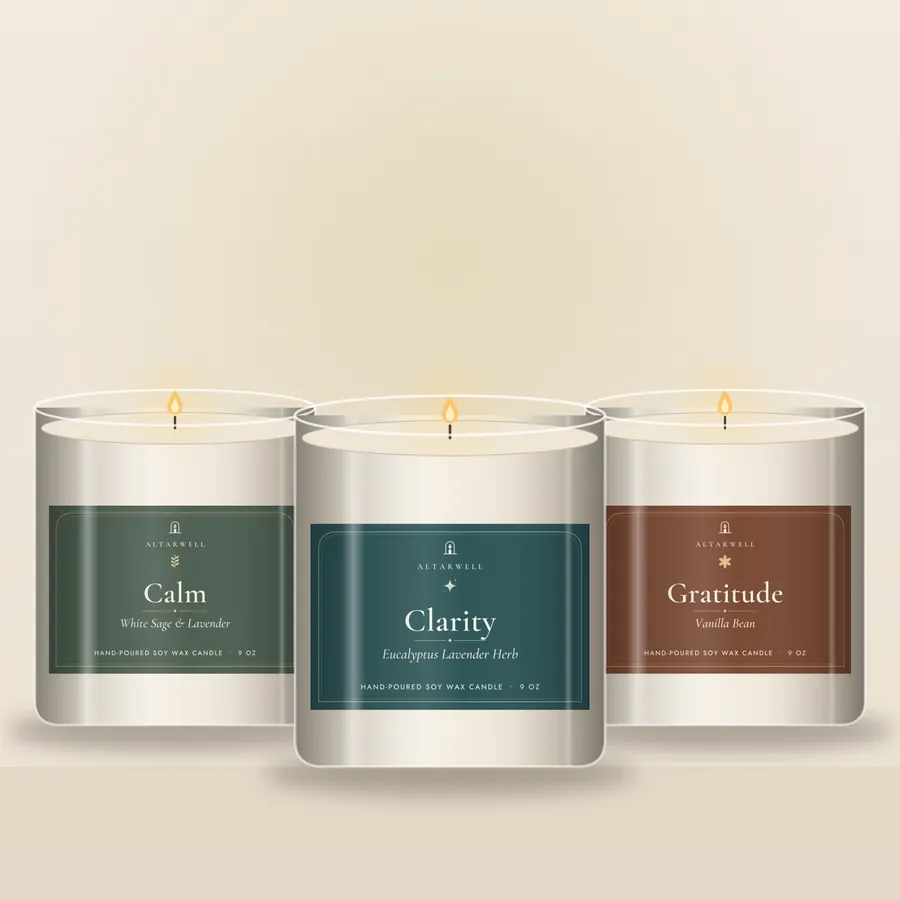 AltarWell Intention Trio gift set: Calm, Clarity and Gratitude candles in 9 oz glass jars