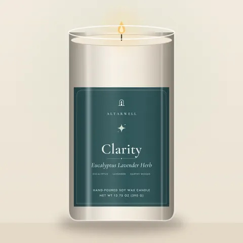 AltarWell Large Clarity candle, Eucalyptus Lavender Herb, in a tall 13.75 oz clear glass jar with a white AltarWell label
