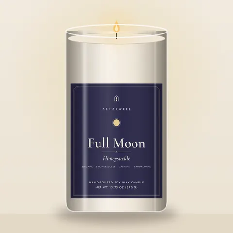 AltarWell Large Full Moon candle, Honeysuckle, in a tall 13.75 oz clear glass jar with a white AltarWell label