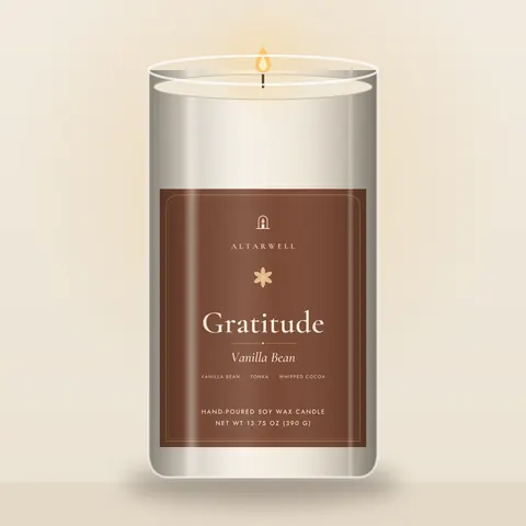 AltarWell Large Gratitude candle, Vanilla Bean, in a tall 13.75 oz clear glass jar with a white AltarWell label