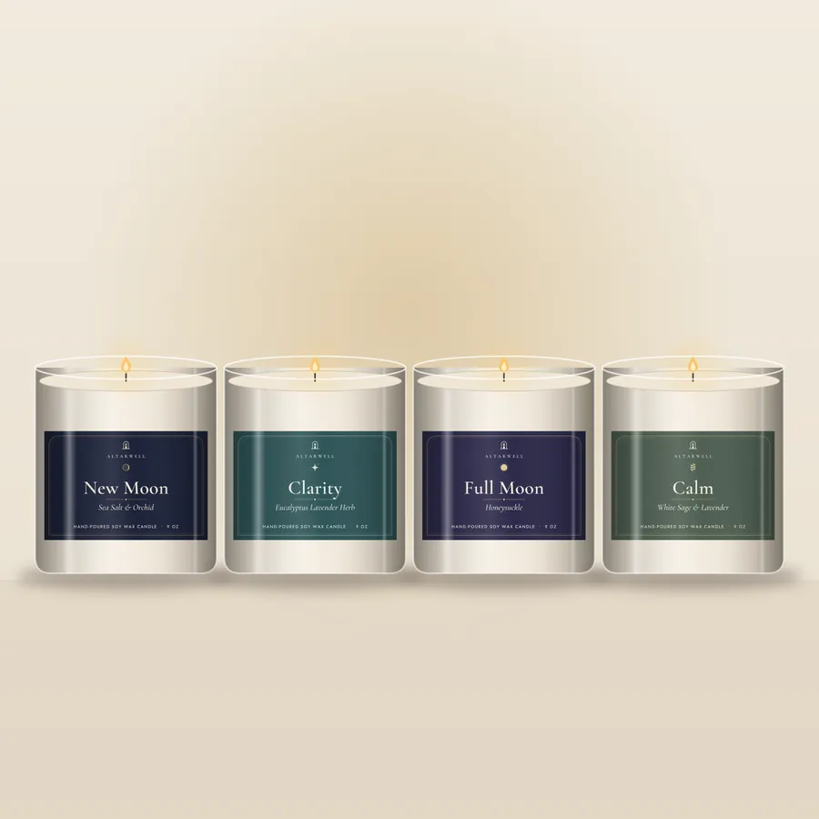AltarWell Month of Rituals set: New Moon, Clarity, Full Moon and Calm candles in 9 oz glass jars
